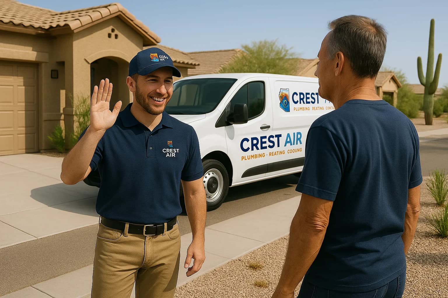 Driveway greeting Crest Air technician greeting a homeowner in Drexel Heights