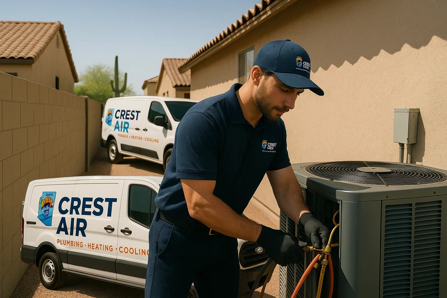 Side yard AC service Technician servicing an AC unit in a Flowing Wells side yard