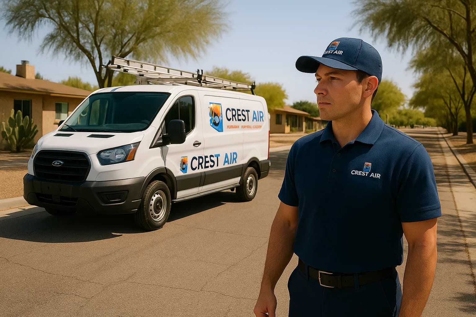 Flowing Wells service arrival Crest Air van on a Flowing Wells residential street