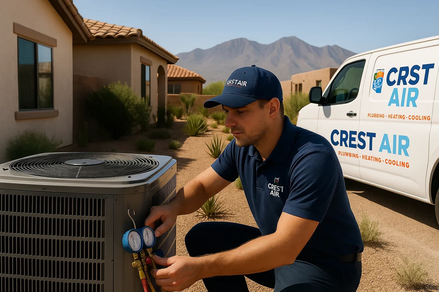 Desert backyard repair Technician repairing an AC unit in a Green Valley desert backyard