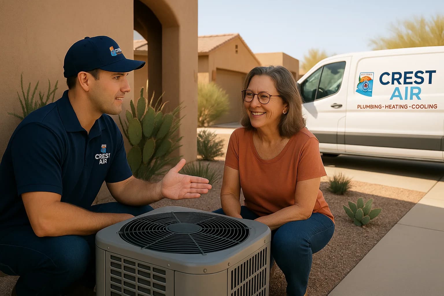 Senior-friendly consultation Crest Air tech explaining options to a Green Valley homeowner