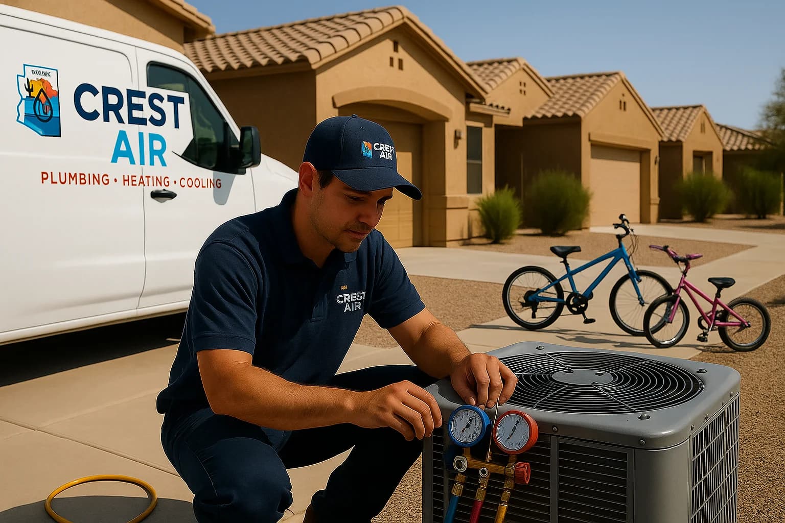 Family home AC repair Crest Air tech working on an AC unit at a Sahuarita family home