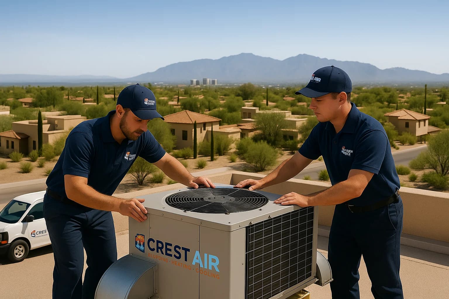 Rooftop skyline service Technicians working on a rooftop unit with the Tucson skyline behind them