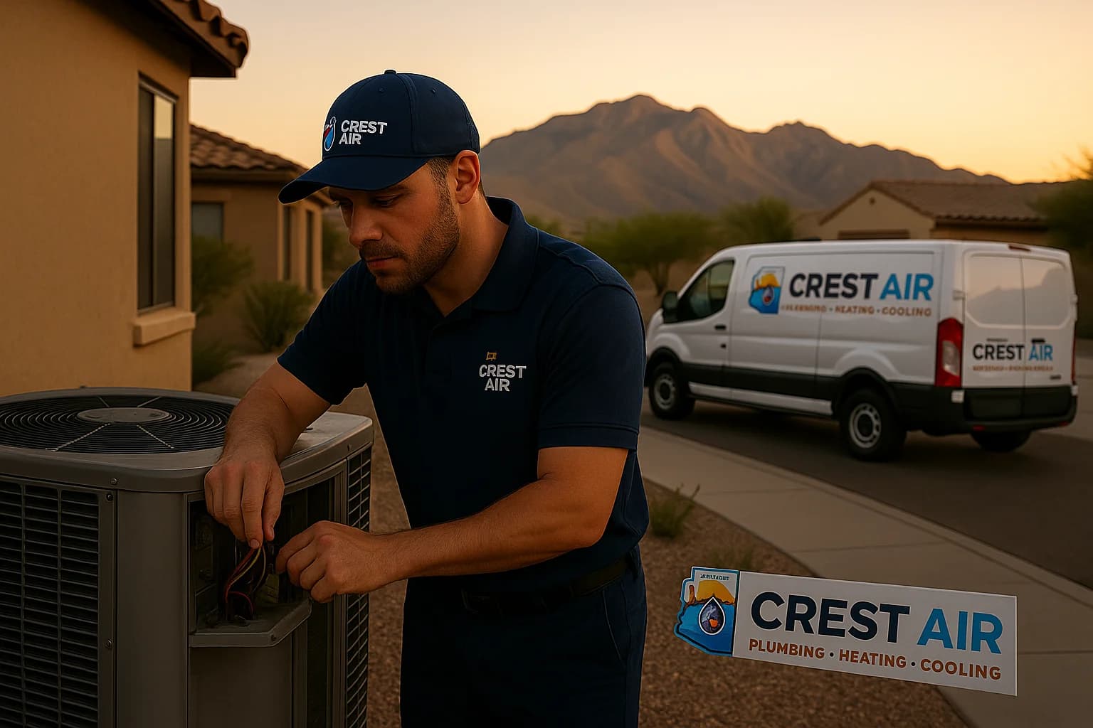 Sunset service completion Crest Air van departing a Vail neighborhood at sunset