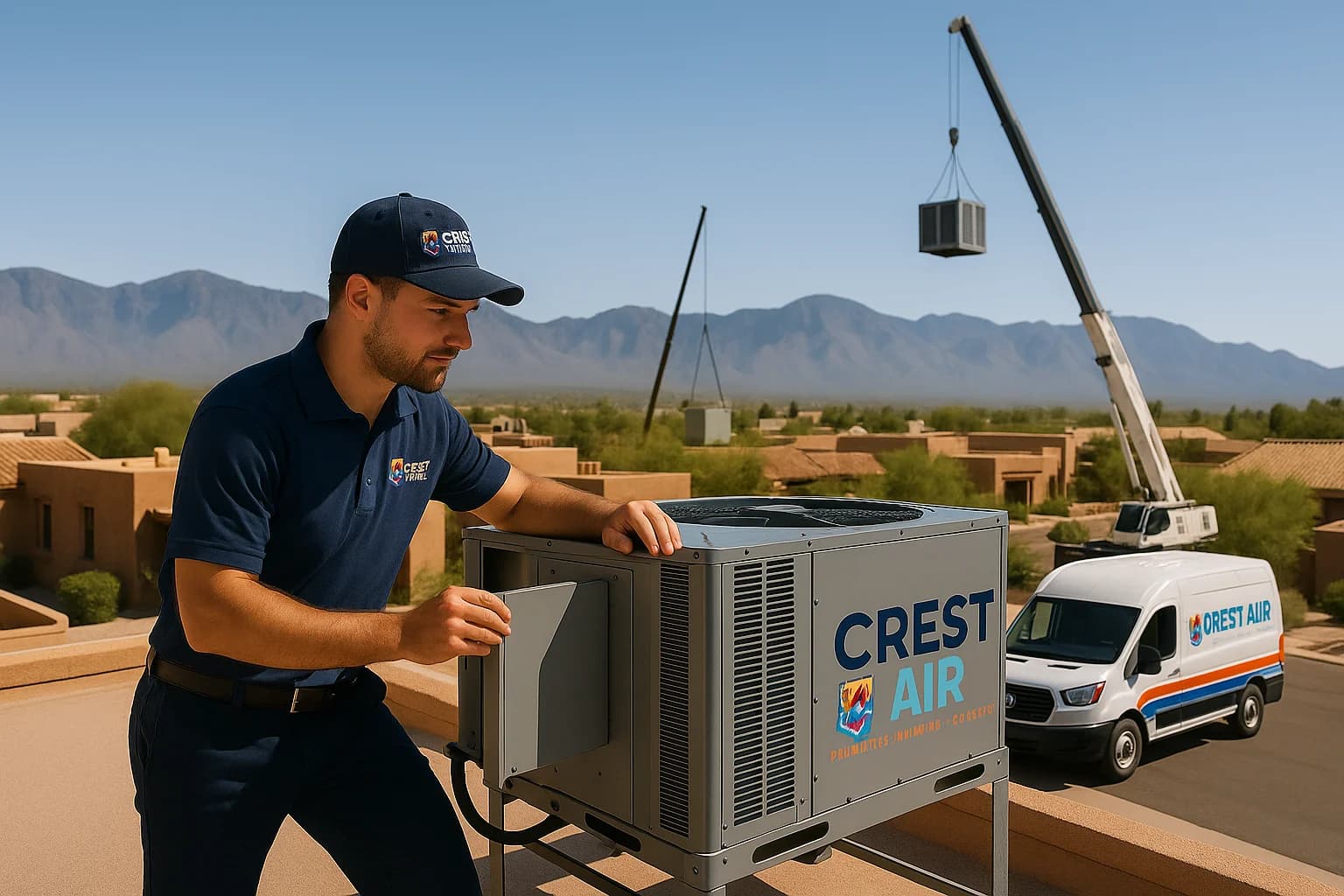 Crane lift coordination Crane lifting HVAC equipment onto a Tucson rooftop