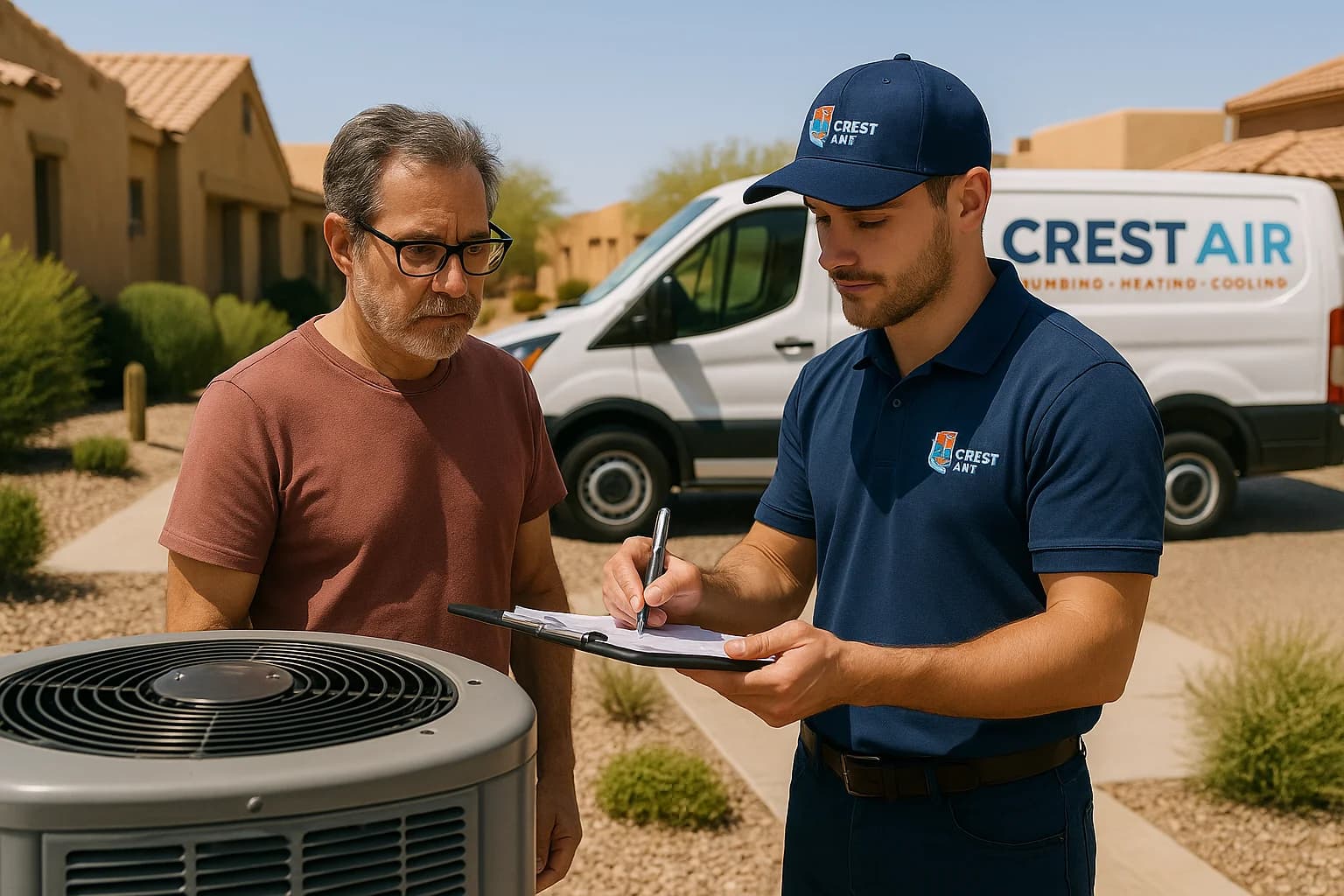 Repair options conversation Technician reviewing options with a Tucson homeowner inside the living room