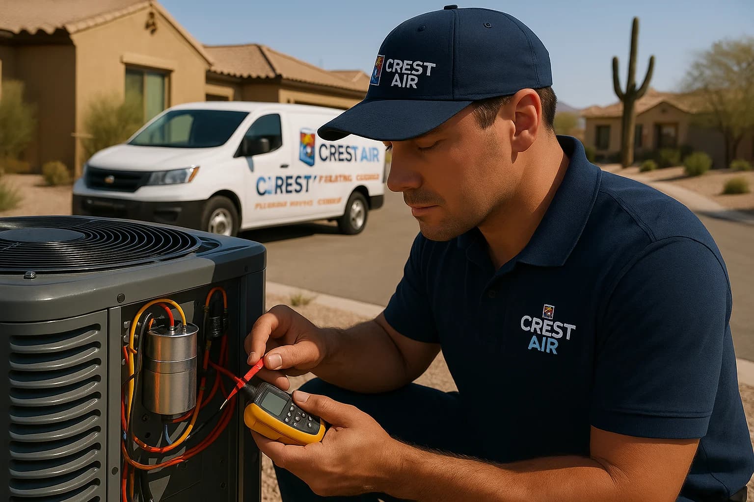 Component testing Close-up of a Crest Air technician testing components with a multimeter