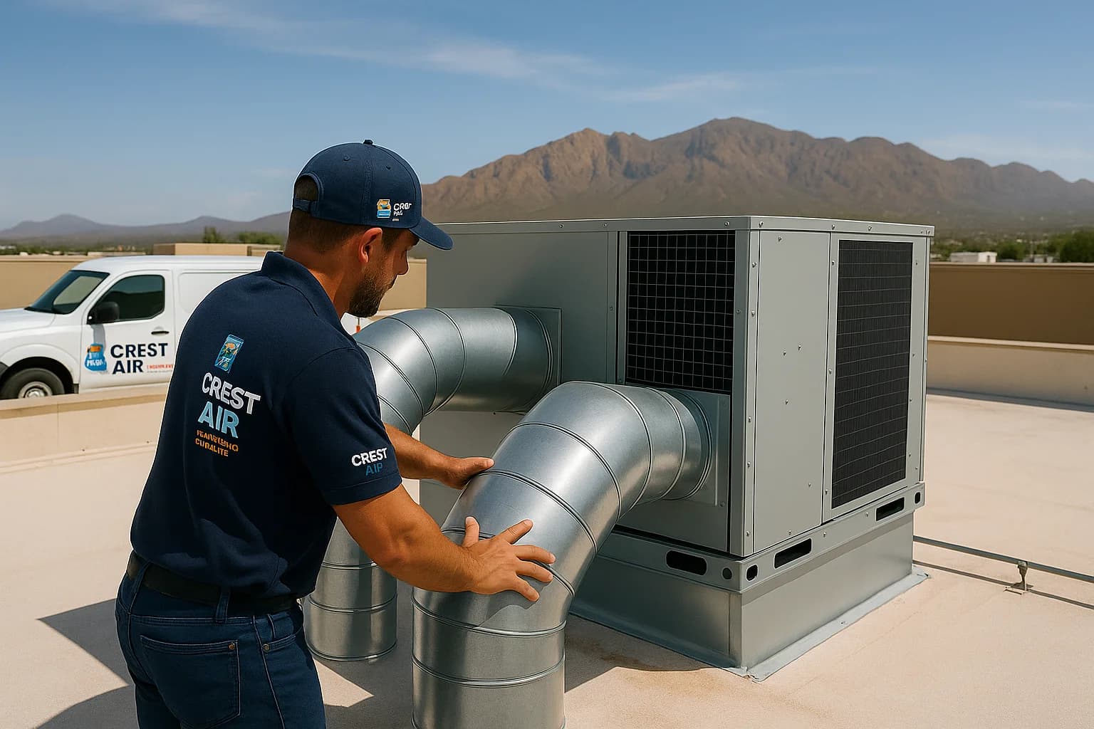 Commercial ductwork connection Technicians connecting ductwork to a new commercial HVAC unit