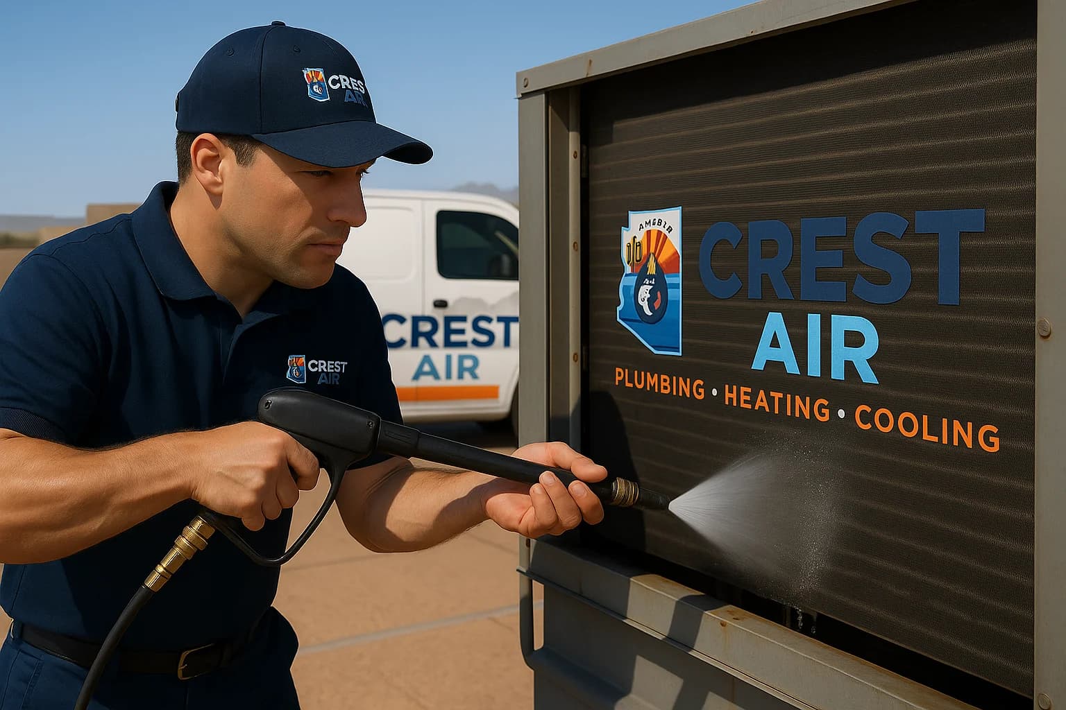 Commercial condenser coil service Close-up of a technician cleaning commercial condenser coils in Tucson