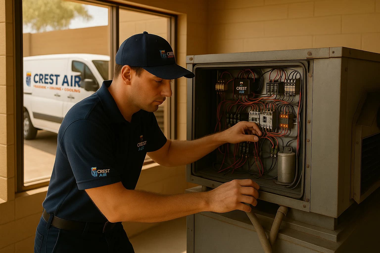 Commercial control panel inspection Technician inspecting the control panel of a commercial HVAC unit