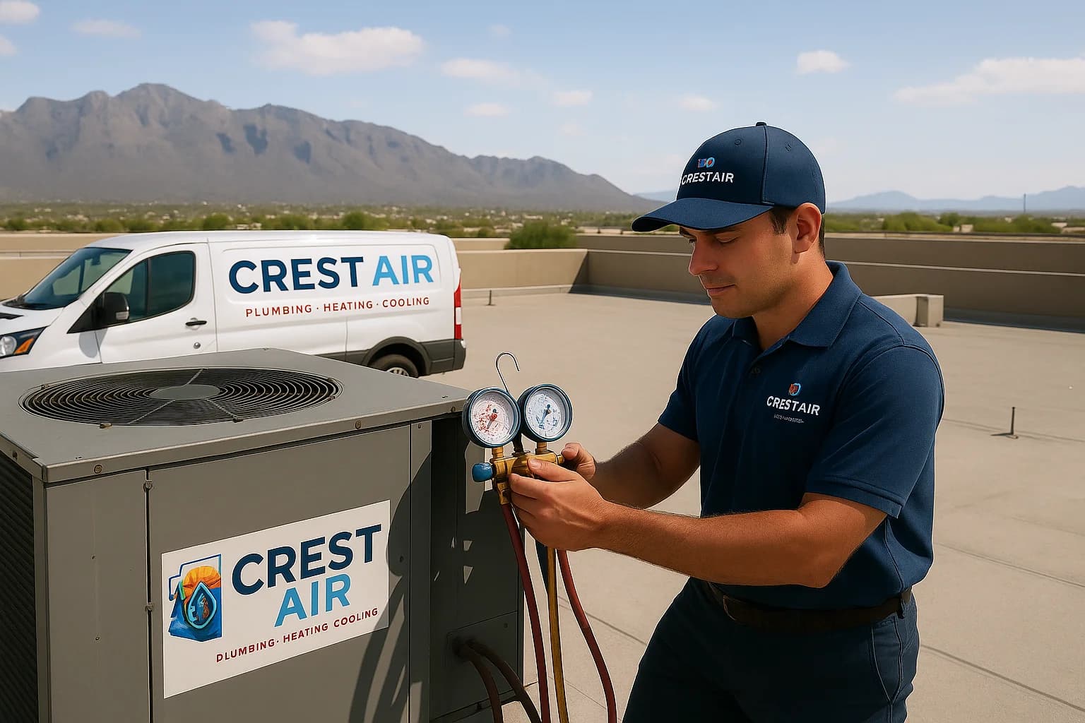 Commercial rooftop diagnostics Crest Air technician running diagnostics on a commercial rooftop unit in Tucson