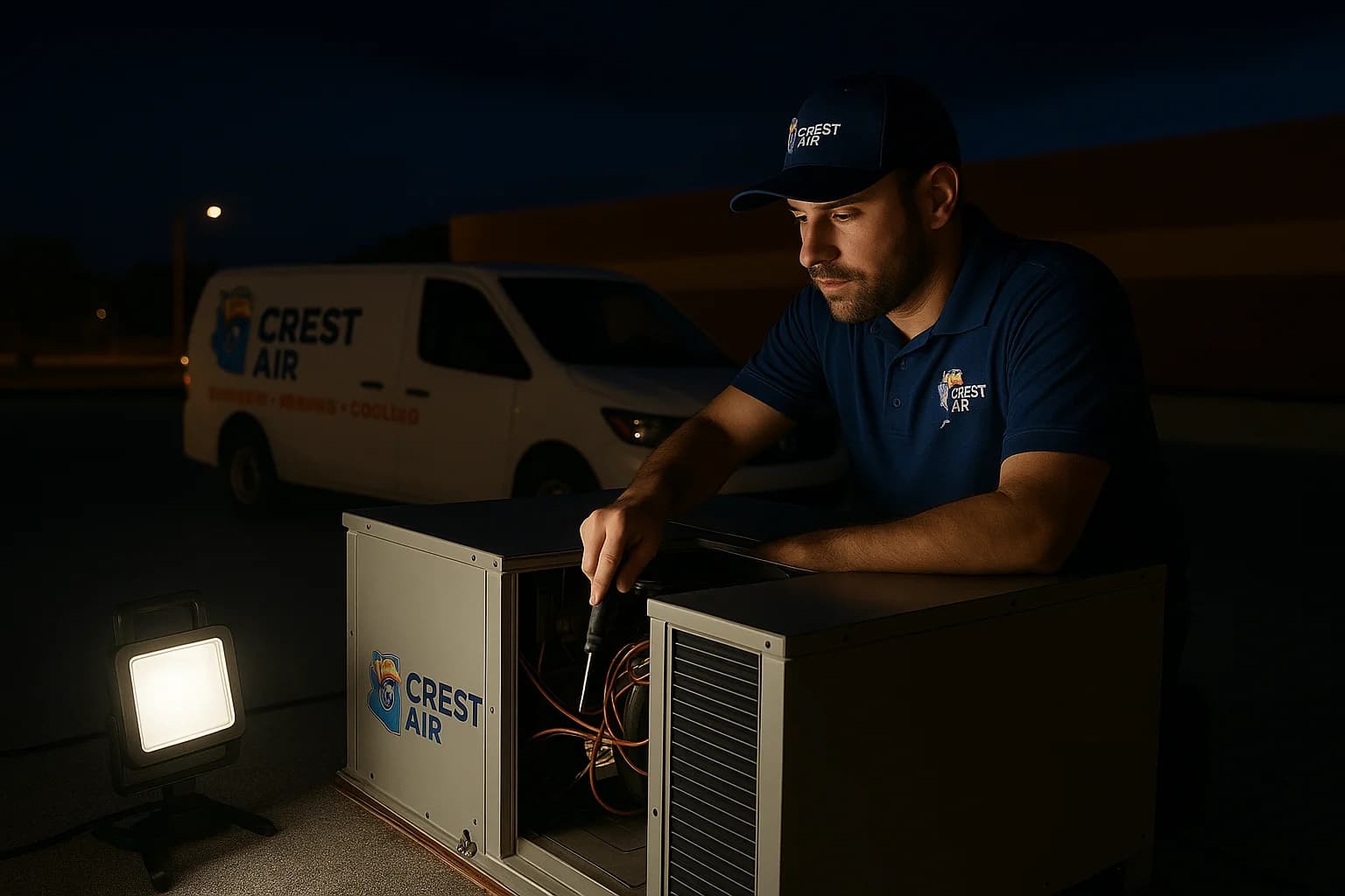 Nighttime rooftop emergency Crew working on a commercial rooftop unit at night with work lights