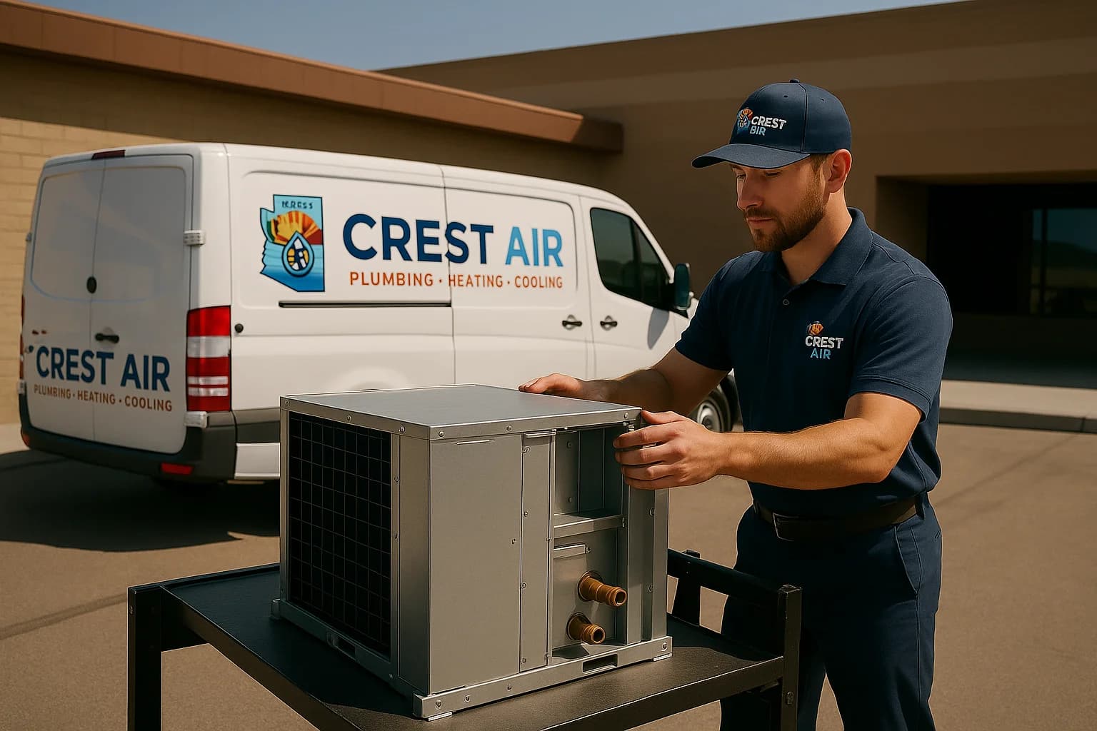 Equipment loading Crew loading commercial HVAC equipment into a Crest Air truck