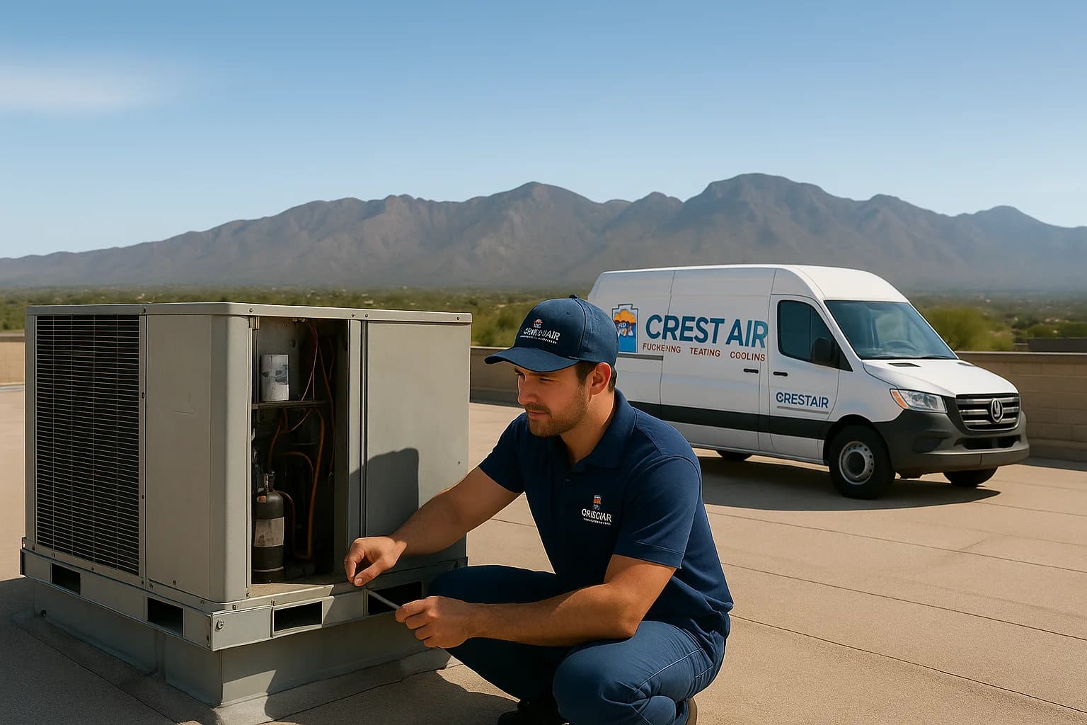 Commercial HVAC overview hero image Crest Air van outside a Tucson business park with rooftop HVAC units