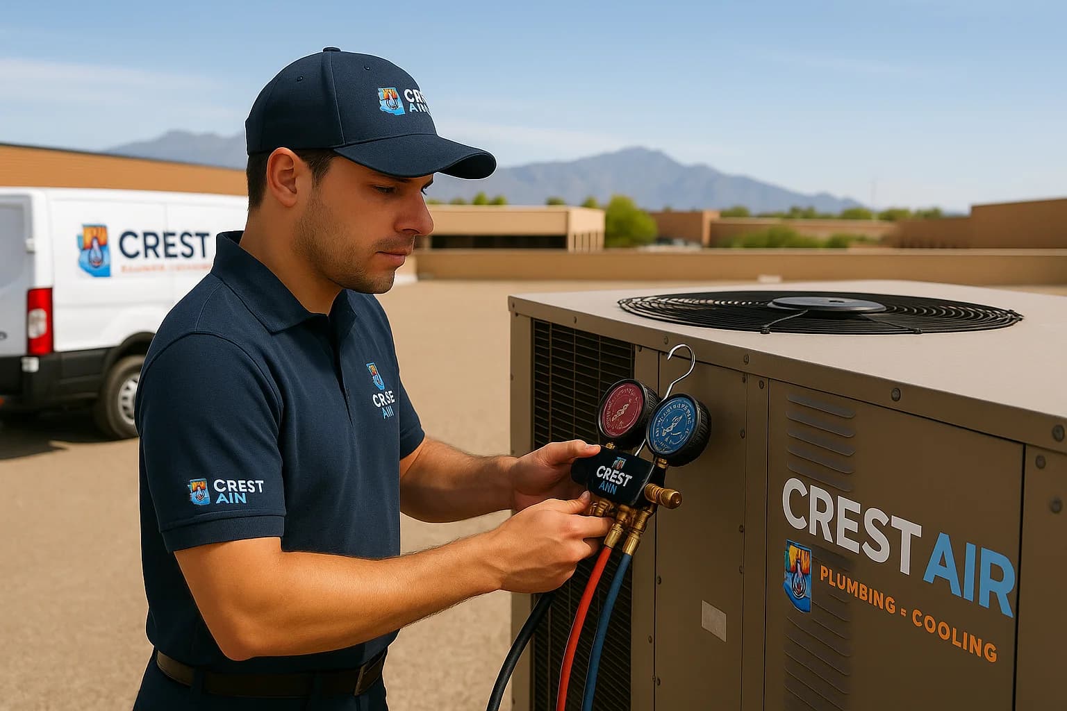 Refrigerant charge verification Crest Air tech checking refrigerant charge on a commercial package unit