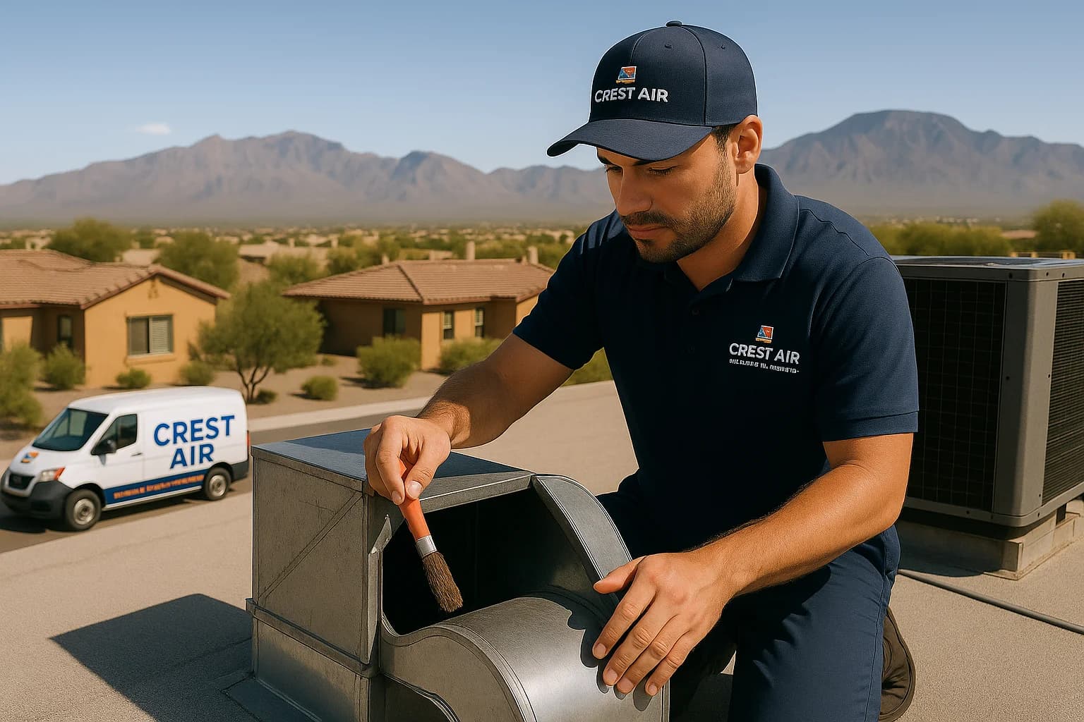 Rooftop duct support Crew working on rooftop package unit duct connections