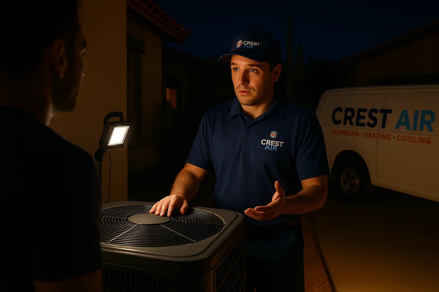 Homeowner briefing Technician speaking with a homeowner during an emergency visit