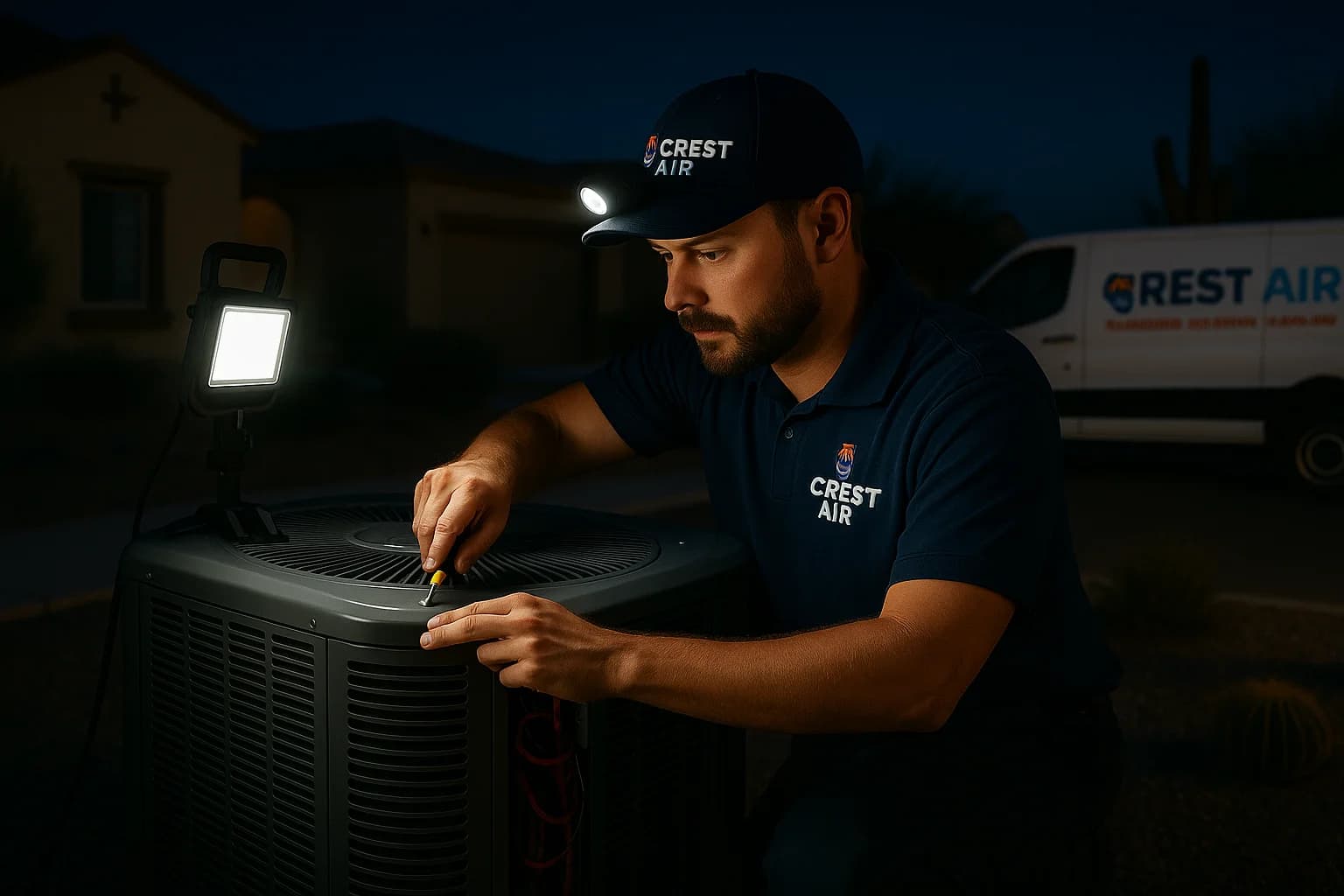 Night repair in progress Night repair with technician using a headlamp