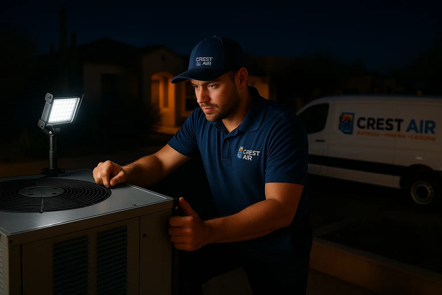 Rooftop emergency repair Technician repairing rooftop unit at night