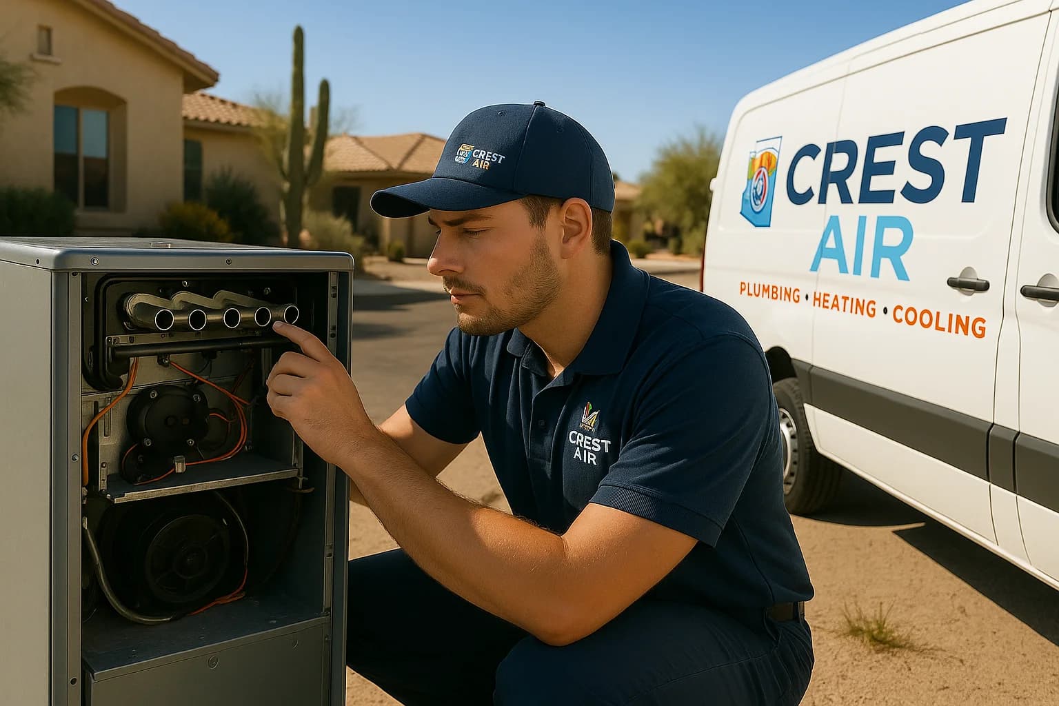 Furnace inspection Technician inspecting a gas furnace in a Tucson home