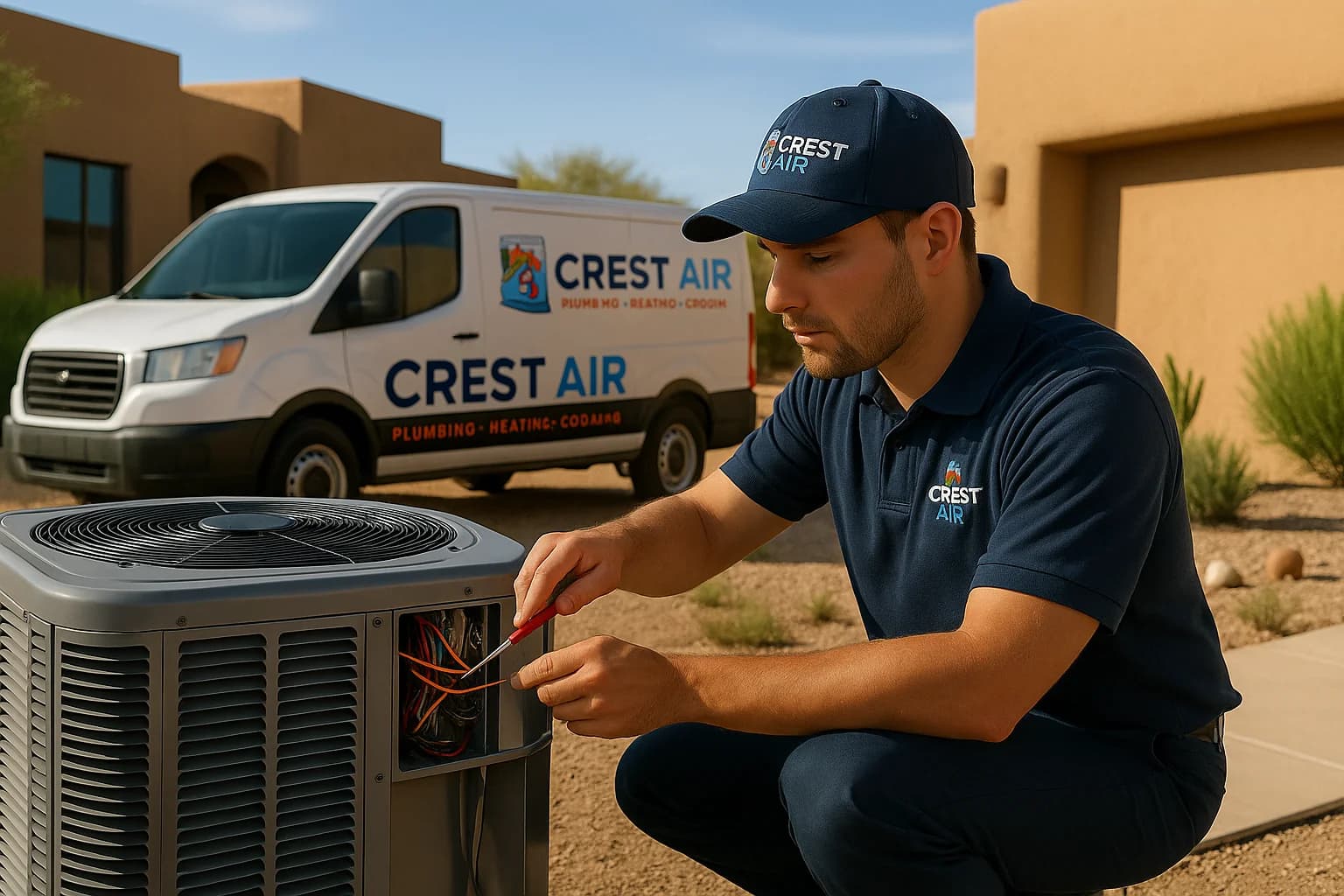 Heat pump service Crest Air tech servicing a heat pump outdoor unit in Tucson