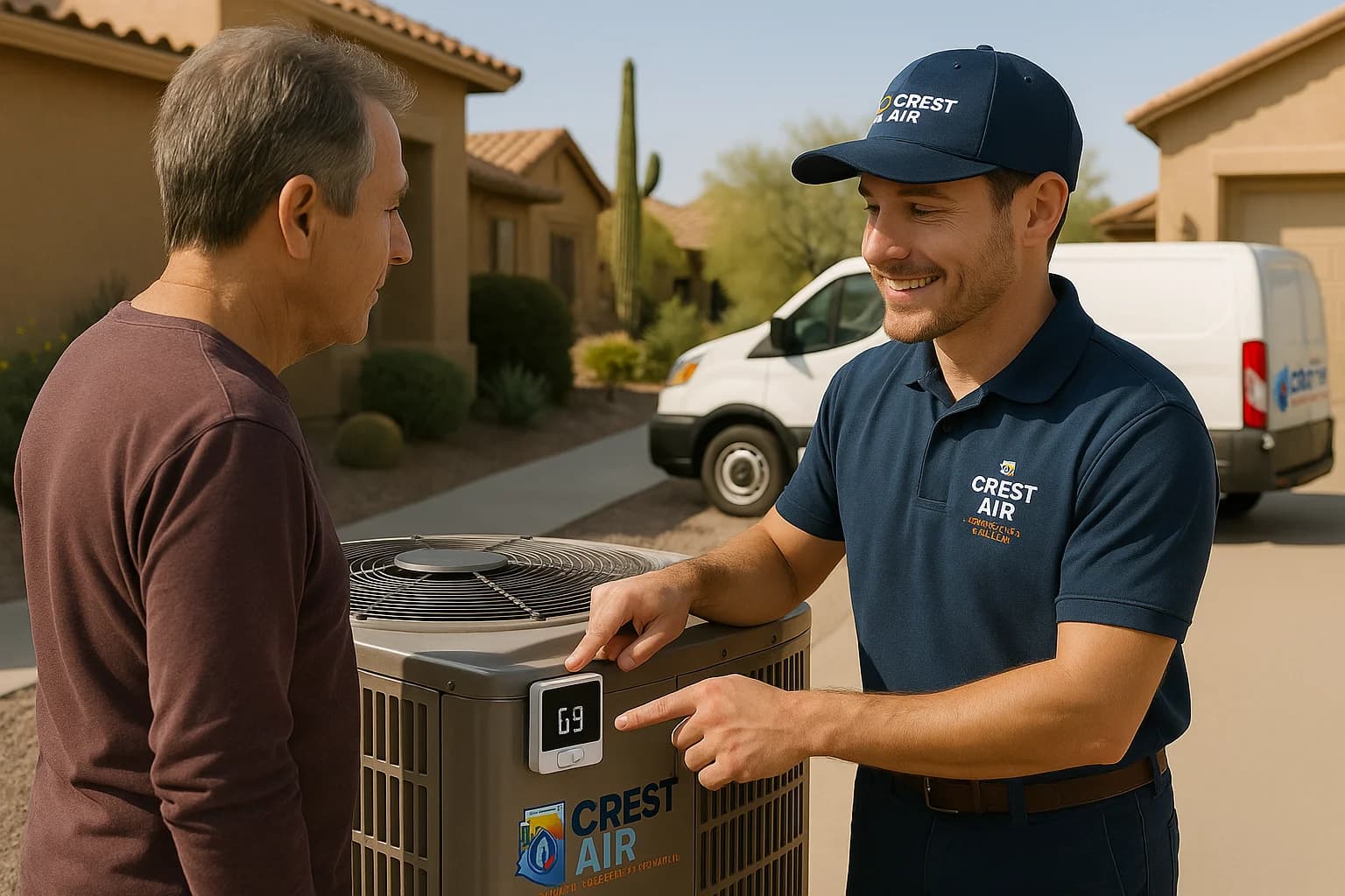 Heating thermostat adjustment Homeowner adjusting thermostat with technician guidance