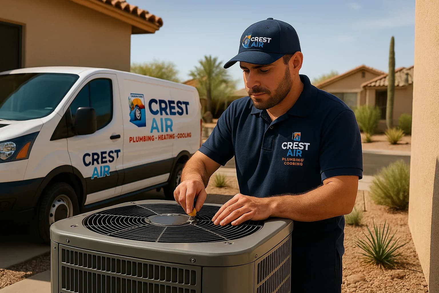 HVAC maintenance Tucson hero image Crest Air technician performing HVAC maintenance in Tucson