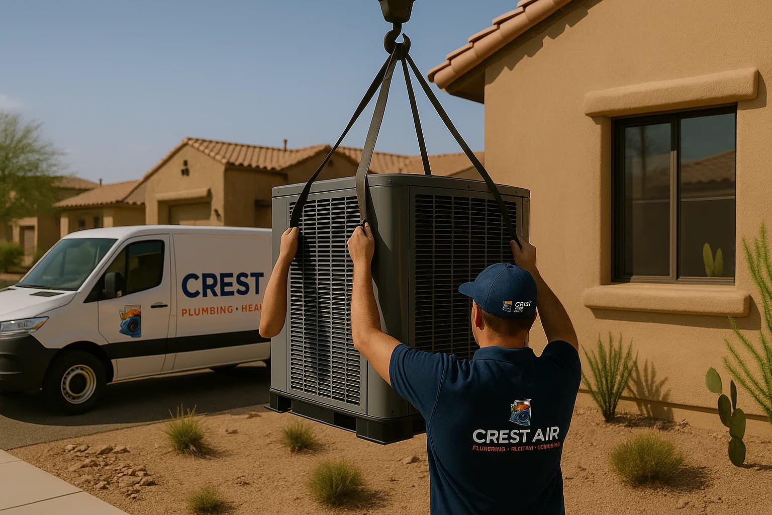 Mini-split service Tucson hero image Crest Air technician discussing ductless comfort options in Tucson